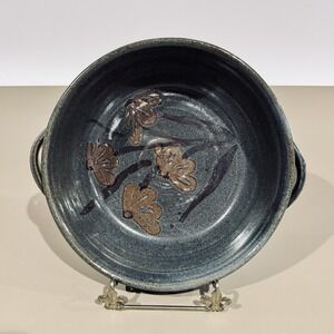 Vintage Art Pottery 10" Bowl‎ Blue Glaze W Flower Design Unique Ribbon Handles